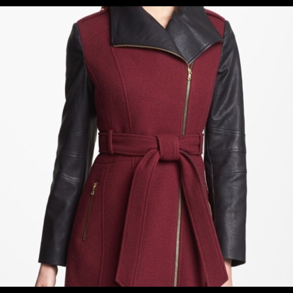 GUESS Belted Wool-Blend Coat Faux Leather Sleeves